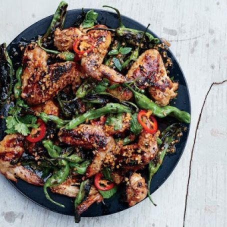 Grilled Chicken Wings with Shishito Peppers and Herbs